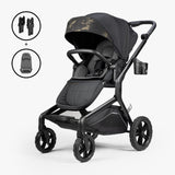 Black stroller with adjustable handlebar, sun canopy, and storage basket, shown with a car seat and accessories for newborn bundle.