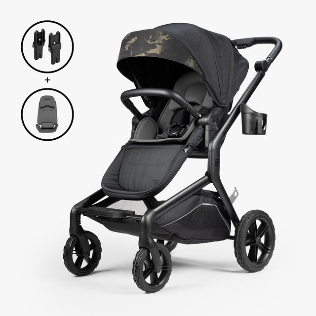 Black stroller with adjustable handlebar, sun canopy, and storage basket, shown with a car seat and accessories for newborn bundle.