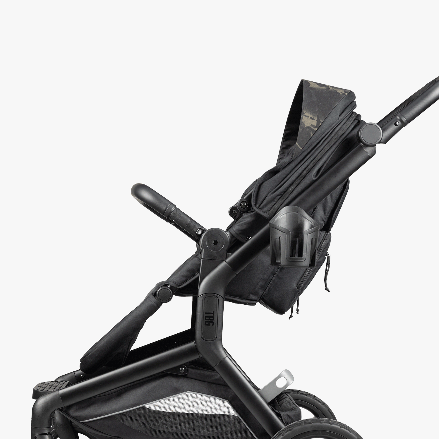 Black rugged stroller with military-inspired camo accents, adjustable handlebar, and durable design for modern parents.
