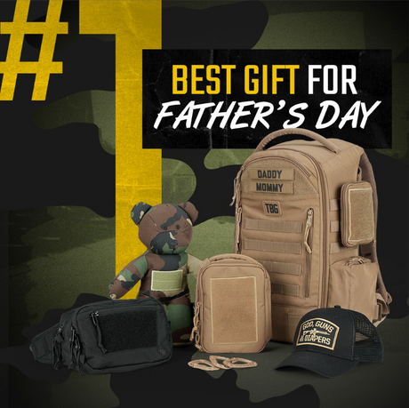 Tactical Baby Gear Father's Day Loadout featuring a backpack, diaper bag, toy bear, and cap on a camo background.