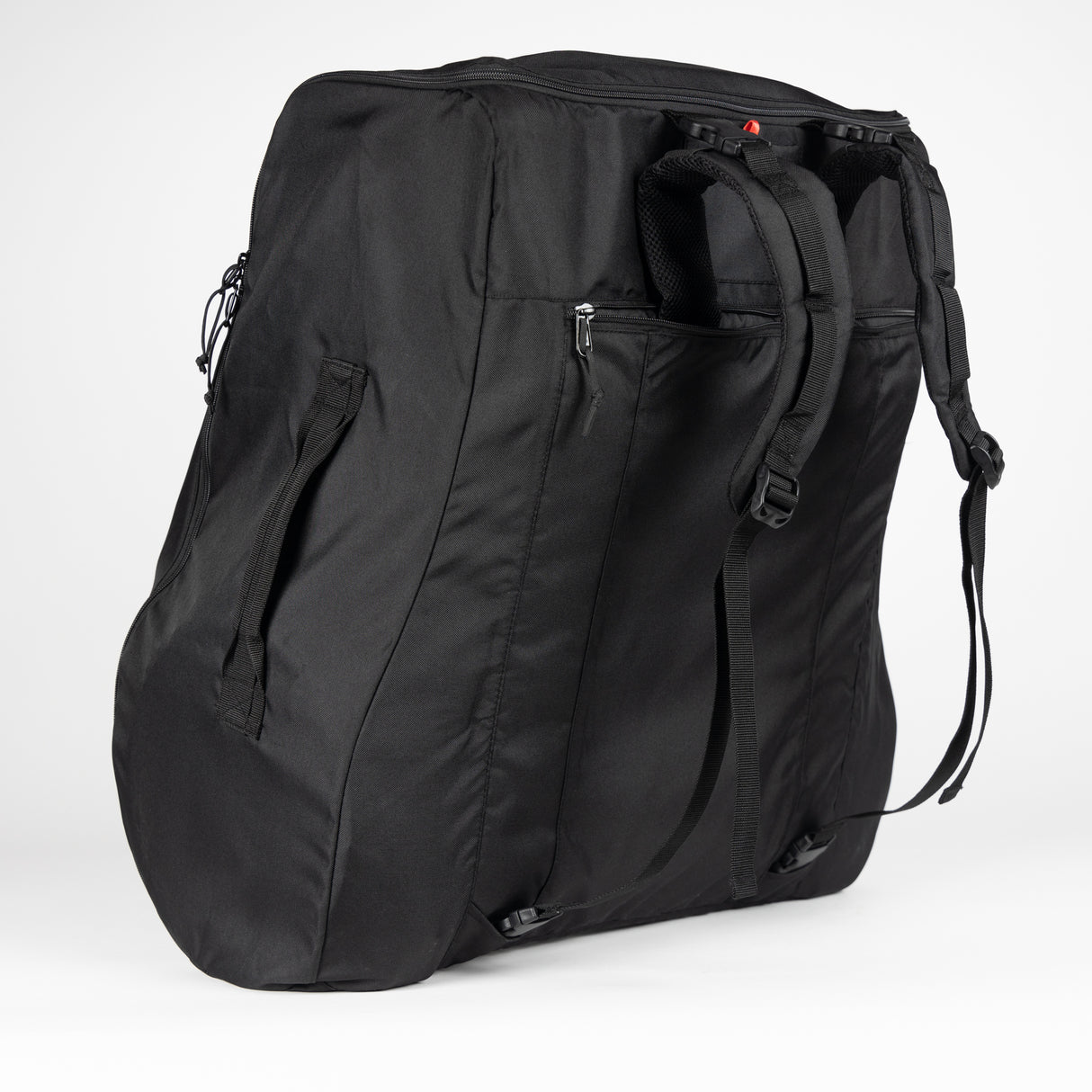 Durable black S-1™ Stroller Travel Bag displayed open, showing interior straps and padding, suitable for stroller storage and travel protection.