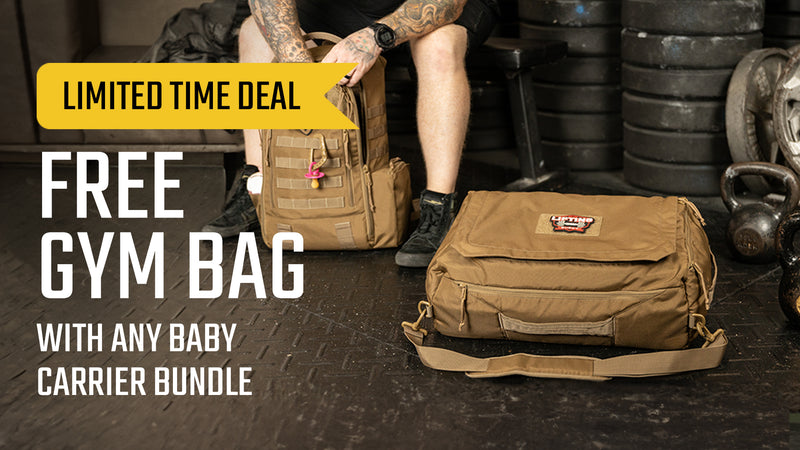 Yellow banner reading “Limited Time Deal” above text “Free Gym Bag with Any Baby Carrier Bundle,” featuring a tan gym bag and backpack on a gym floor with weights and kettlebells in the background.