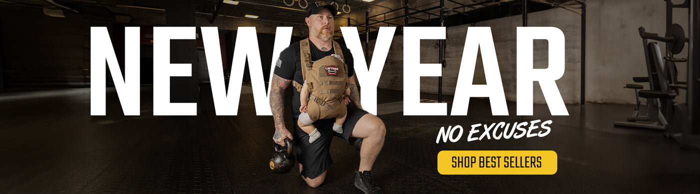 Man in gym kneeling with a kettlebell and a baby in a carrier, bold text reading “New Year No Excuses,” with a yellow button labeled “Shop Best Sellers.”