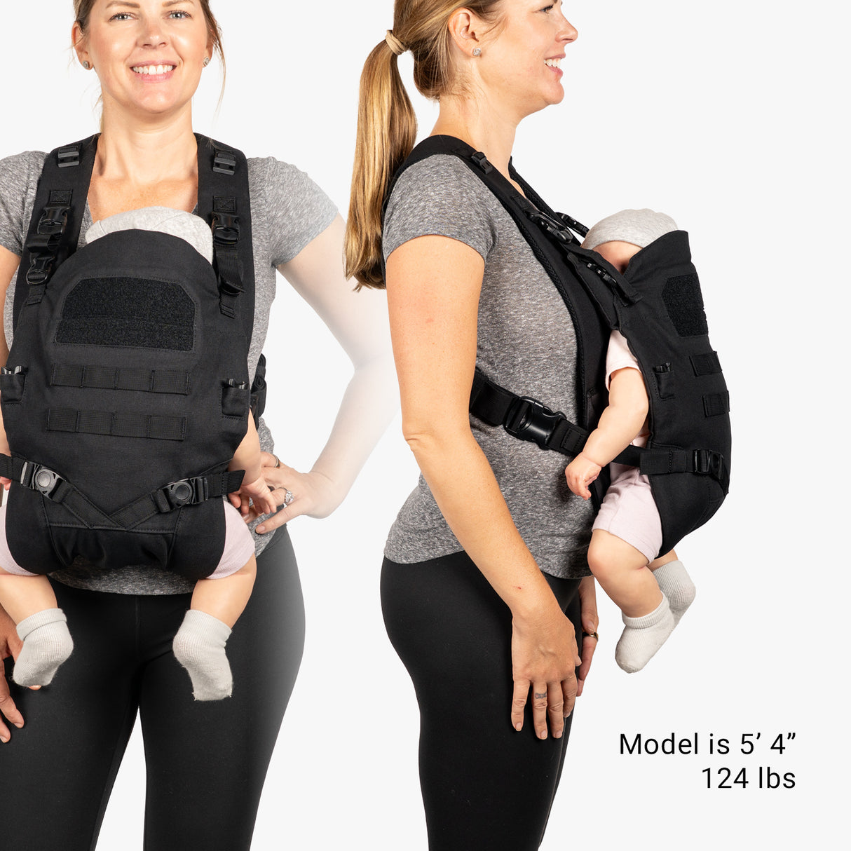 Mini diaper bag and baby carrier bundle shown on a model, demonstrating hands-free parenting with a sleek, rugged design.