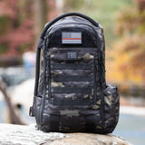 Thin Red Line USA flag patch on a rugged tactical backpack, showcasing military-inspired design for parents.