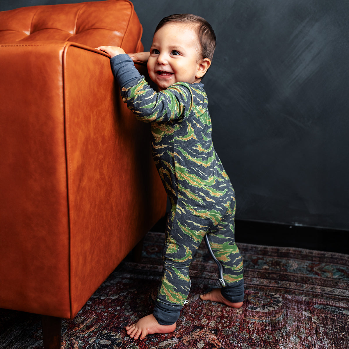 Tiger Stripe Camo Infant Zippie Pajamas | Navy, Tan, Army Green