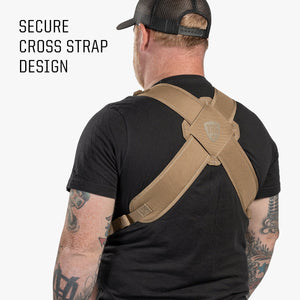 Rear view of baby carrier showing cross strap design
