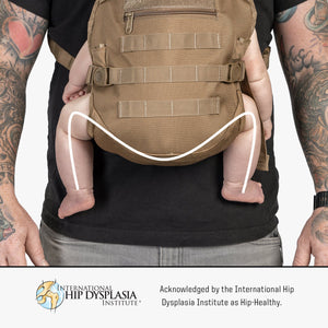 Close up of baby carrier base showing proper baby hip positioning. 