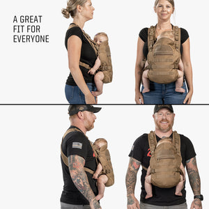 Woman and man wearing Coyote Brown baby carrier shown in profile and facing camera. 