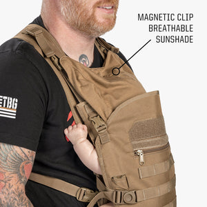 Front view of baby carrier with sunshade in use