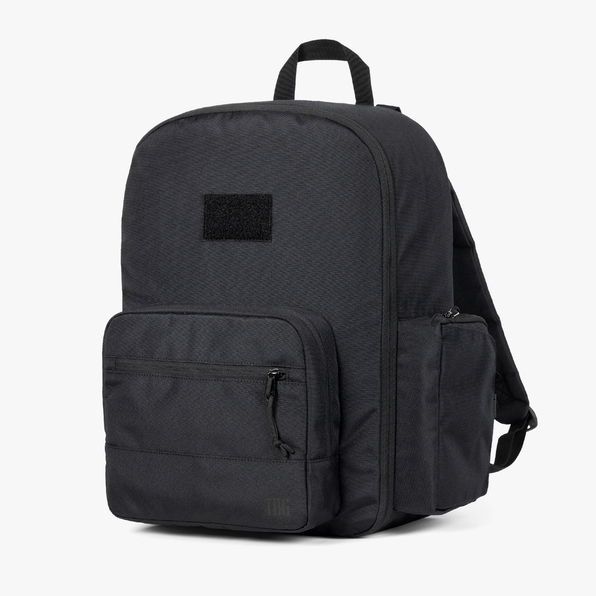 A classic black diaper backpack with multiple compartments, featuring a zipper front pocket and side bottle pockets, designed for stylish and organized parenting essentials.