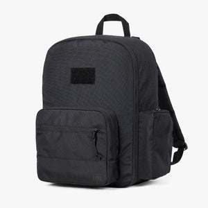 A classic black diaper backpack with multiple compartments, featuring a zipper front pocket and side bottle pockets, designed for stylish and organized parenting essentials., Men's Diaper Bag