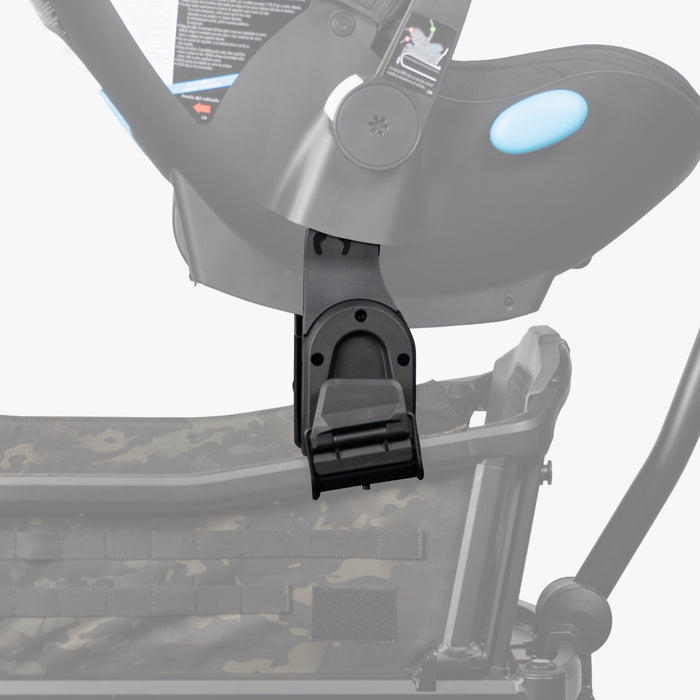 Alt text: Close-up view of a Cruiser Clek car seat adapter attached to a stroller, showing the connection mechanism and part of the gray car seat with a blue detail.