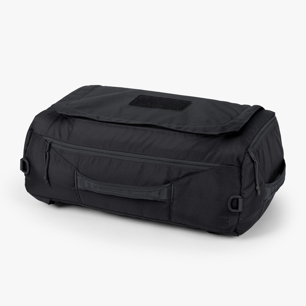 Black duffle bag with shoulder strap and two carry handles, displayed on a plain white background.