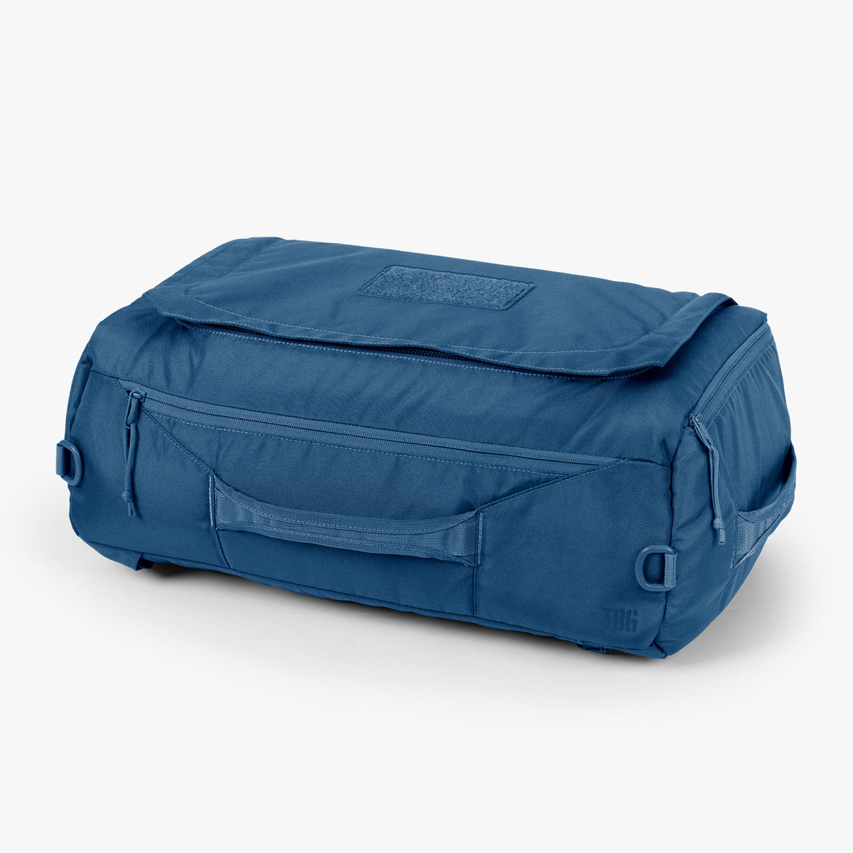 Blue duffle bag with multiple compartments displayed on a plain background.
