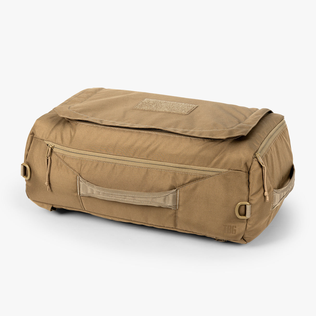 Brown duffle bag on white background, featuring multiple compartments and a shoulder strap.