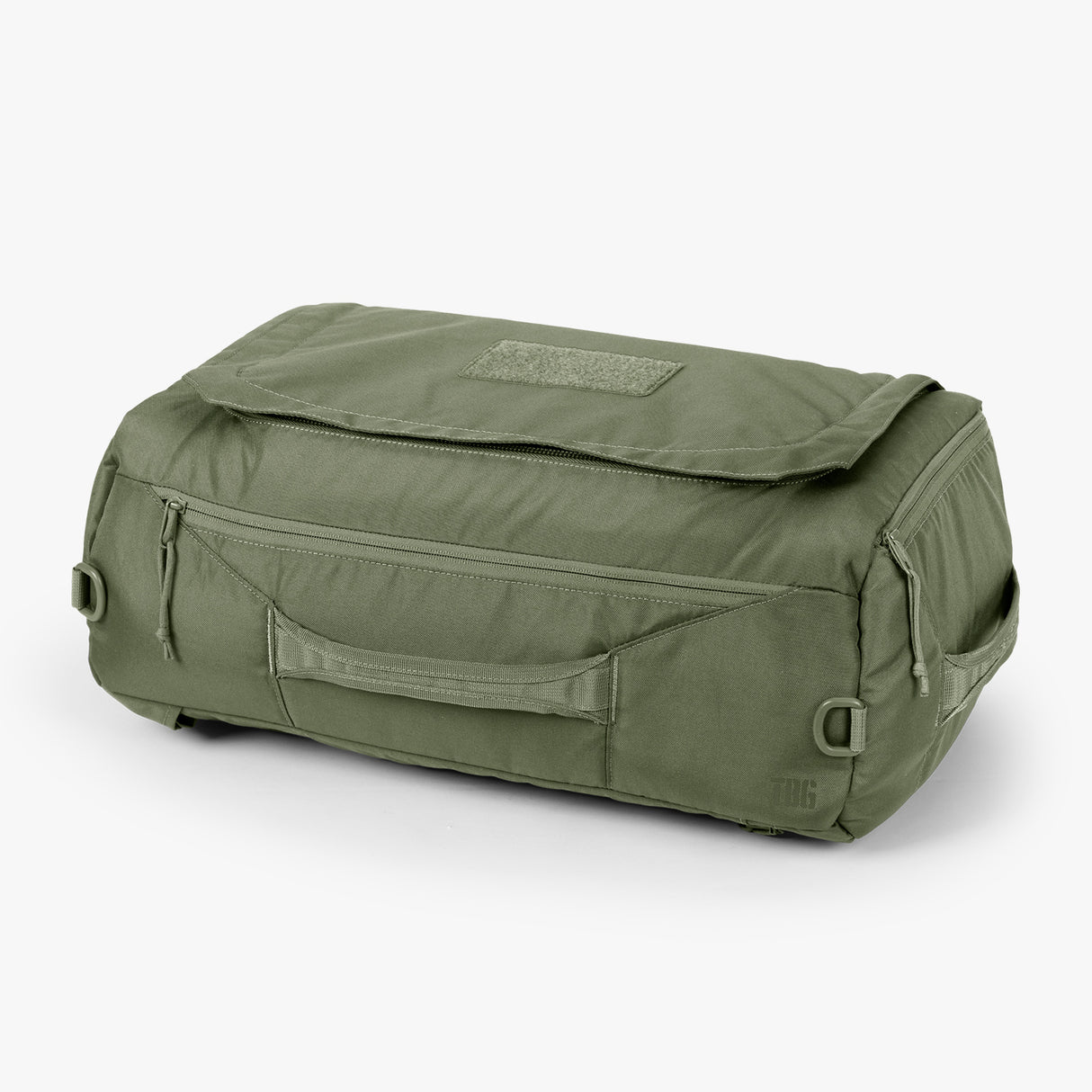 Olive green canvas duffle bag with black handles and a shoulder strap, displayed against a neutral background.