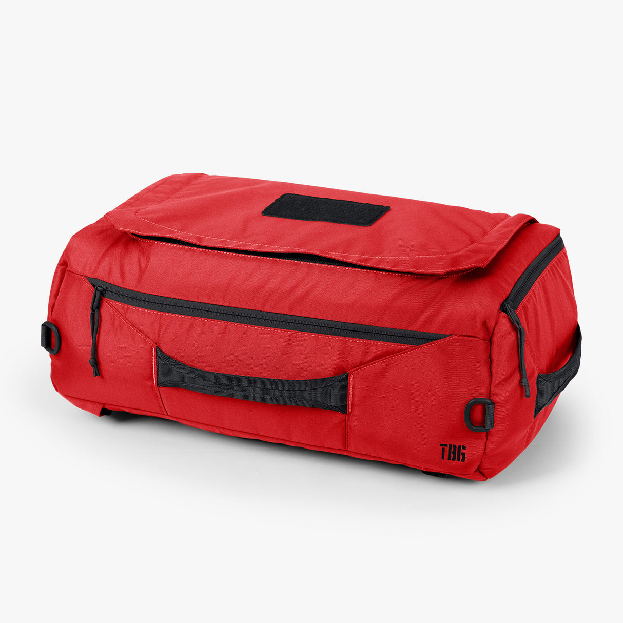 Red duffle bag displayed on a white background, featuring multiple pockets and black handles.
