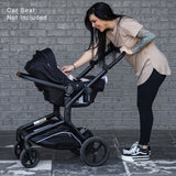 Rugged S-1 Stroller with Newborn Bundle, featuring a parent adjusting the stroller with a baby inside.