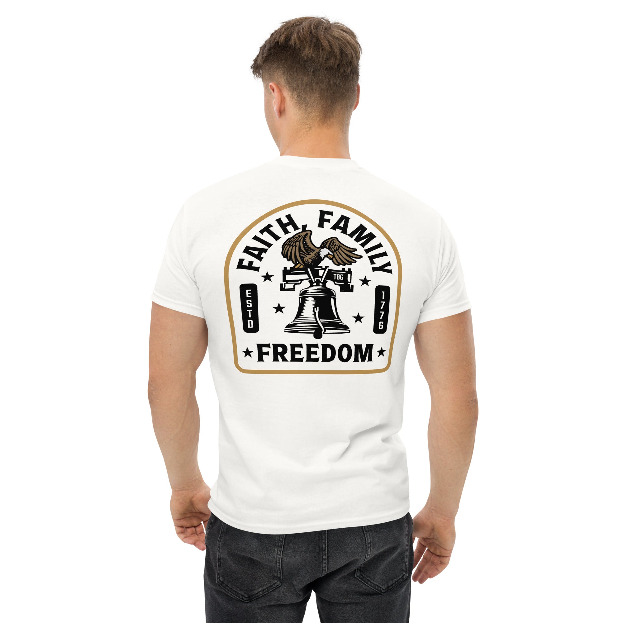 Faith Family Freedom T-Shirt | Liberty Bell | White | 100% Cotton