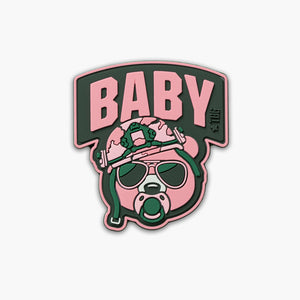 Pink Baby Bear face with pacifier, tactical helmet, and sunglasses. Word BABY above face. 