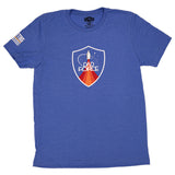 Blue t-shirt with dad force shield featuring baby bottle rocket and stylized flames.