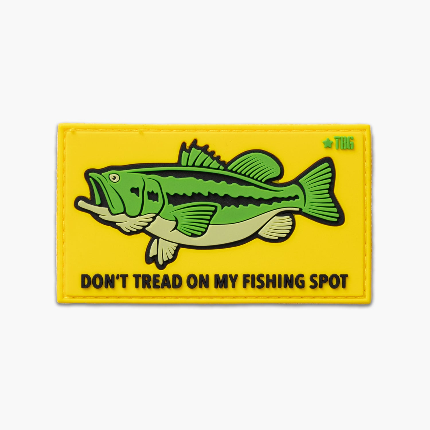 Green bass on yellow background with words below reading Don't Tread on My Fishing Spot