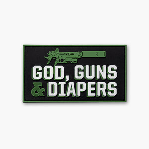 Patch with green 1911 on black background with white block text reading God, Guns & Diapers.