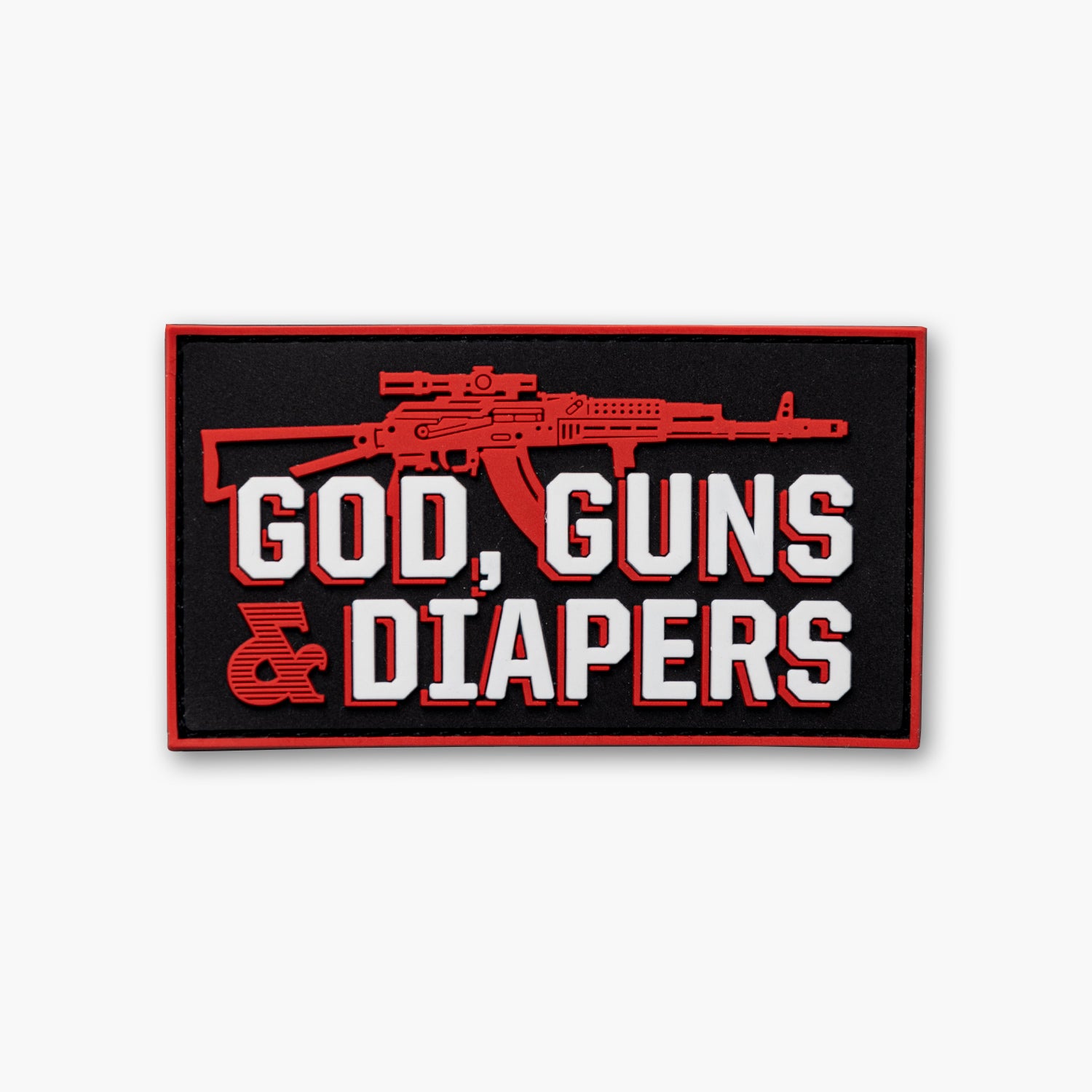 Patch with red AK rifle against black background with white block text reading God, Guns & Diapers.
