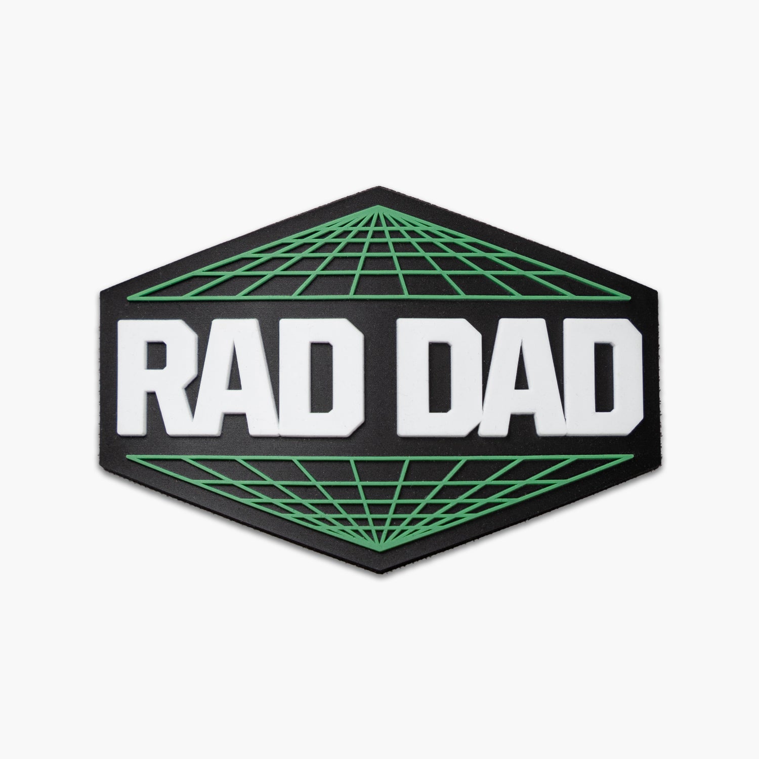Black diamond shape patch with white text reading RAD DAD set off by green cyber space styling.