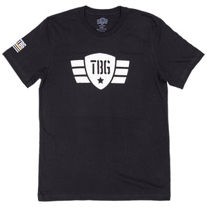 Black t-shirt featuring TBG crest with wings on either side. 