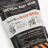 Rugged, military-inspired parenting gear label with instructions for brewing coffee; black, white, and orange design eleme...