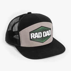 Front view of Rad Dad showing all black look with single gray panel and Rad Dad patch.