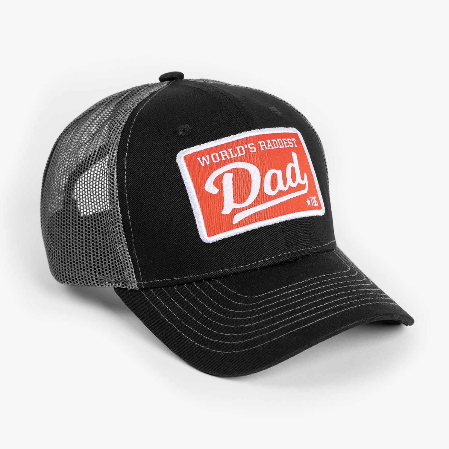 World's Raddest Dad hat shown with gray mesh in back visible and primary black on bill and front