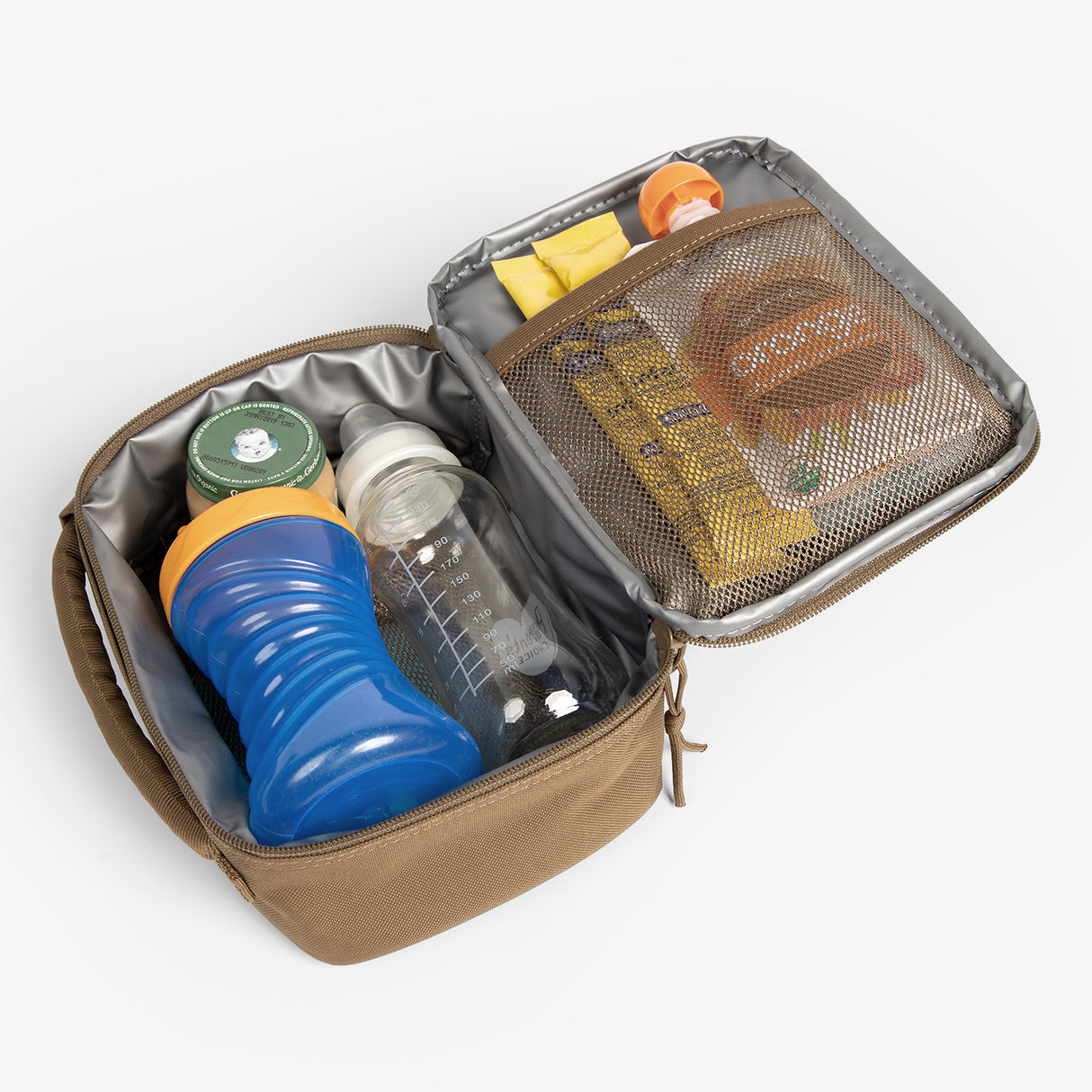 Rugged tan parenting lunchbox with a gray interior, featuring a blue water bottle, snack container, and organized compartm...