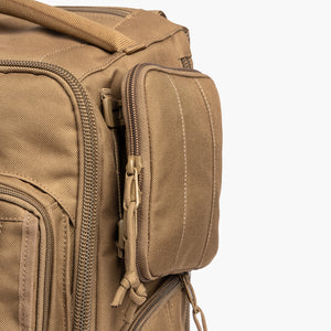 Closed Coyote Brown dump pouch shown affixed to MOD diaper bag side webbing.
