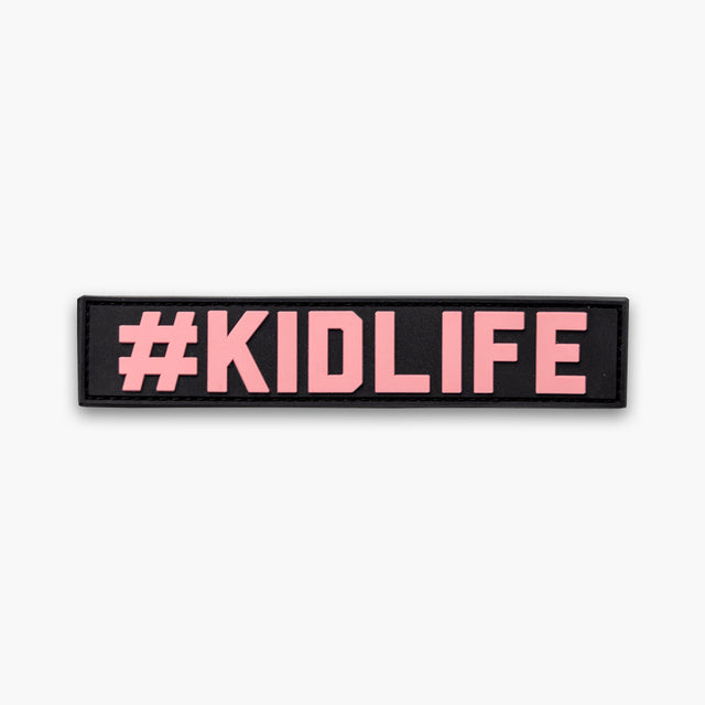 Black #KIDLIFE name tape patch with pink lettering