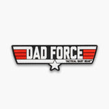 White block letters reading Dad Force with red wings on either side and star below. 