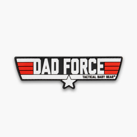 White block letters reading Dad Force with red wings on either side and star below. 