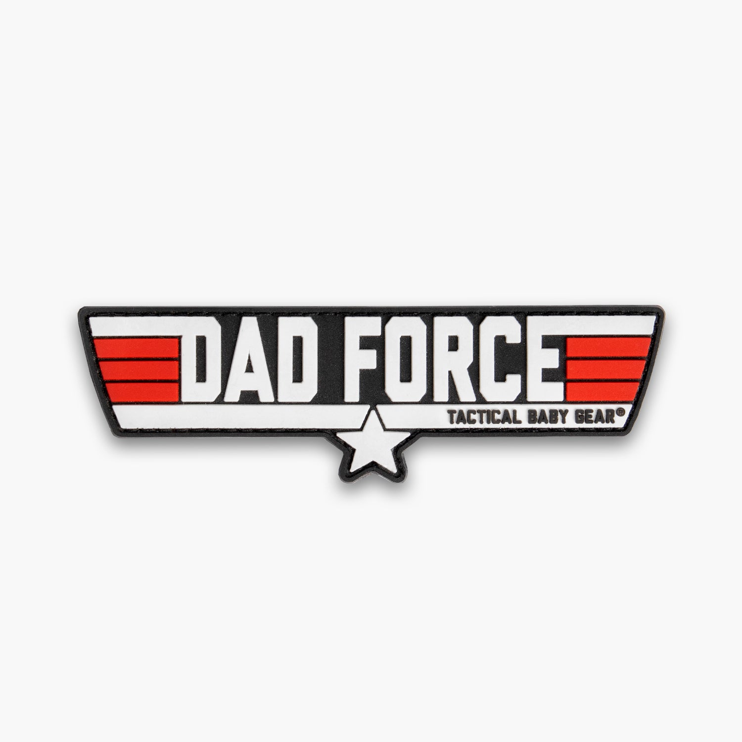 White block letters reading Dad Force with red wings on either side and star below. 