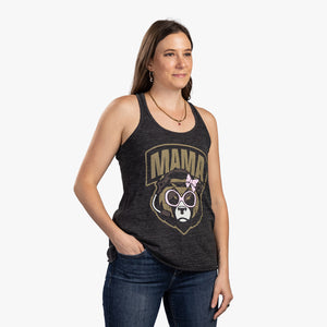 Front view of woman wearing black tank top with bear face and mama written above it. 