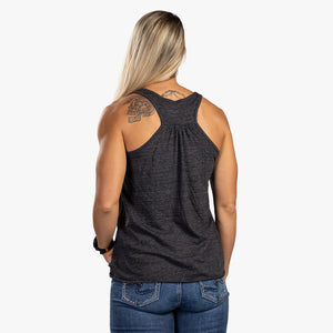 Rear view of blonde woman wearing charcoal Mom Force tank top.