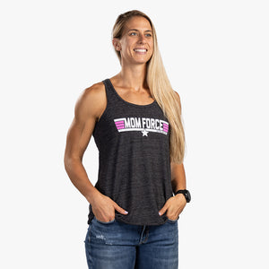 Front view of blonde woman wearing charcoal Mom Force tank top