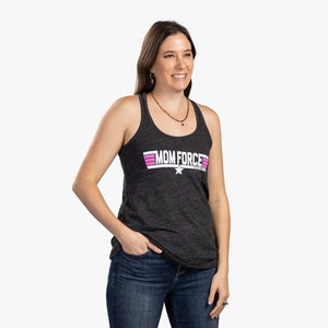  Front view of brunette woman wearing charcoal Mom Force tank top. 