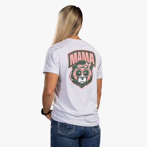 Rear view of woman wearing heather white t-shirt with bear face and mama written above it. 