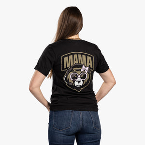 Rear view of woman wearing black t-shirt with bear face and mama written above it. 