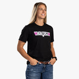 Front view of blonde woman wearing black Mom Force women's t-shirt. 