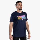Men's navy T-shirt with colorful "RAD DAD" graphic and retro 80s style design, perfect for rugged, modern dads.
