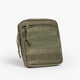 Military-inspired, rugged olive green parenting pouch with multiple zippered compartments and Velcro attachment points.